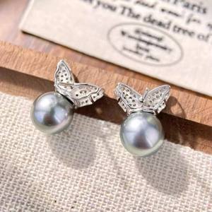 Boucles d'oreilles clous en argent S925 WENCHI modèle 10964 22655DIY, accessoires en perles, perles de 8-10 mm, support vide, design papillon tendance - Product Image 3