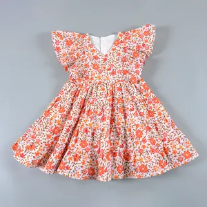 2-7Yrs Girls Summer Dress V neck Printed Flower Ruffle Princess Casual Spring Baby Frock Cute Toddler Girl Dresses