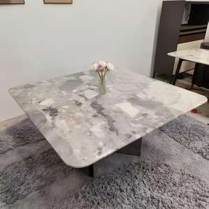 Table <span class=keywords><strong>à</strong></span> <span class=keywords><strong>manger</strong></span> en marbre gris de style italien, luxe léger, table <span class=keywords><strong>à</strong></span> <span class=keywords><strong>manger</strong></span> carrée minimaliste avec base en acier inoxydable en forme de X pour la maison - Product Image 3