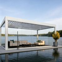 Pérgola de Aluminio de Estilo Europeo Tradicional con Techo de Láminas con Aspecto de Madera, Gazebo Impermeable para Exteriores para Patio de Hotel