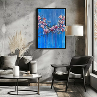 Peinture à l'huile moderne abstraite florale bleue sur toile, relief 3D, peinte à la spatule, impasto épais, décoration murale florale