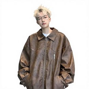 Veste en cuir PU décontractée à patchwork et couleur unie pour homme, streetwear, tendance, fermeture éclair, haut, printemps, automne, vêtements d'extérieur de haute couture - Product Image 3