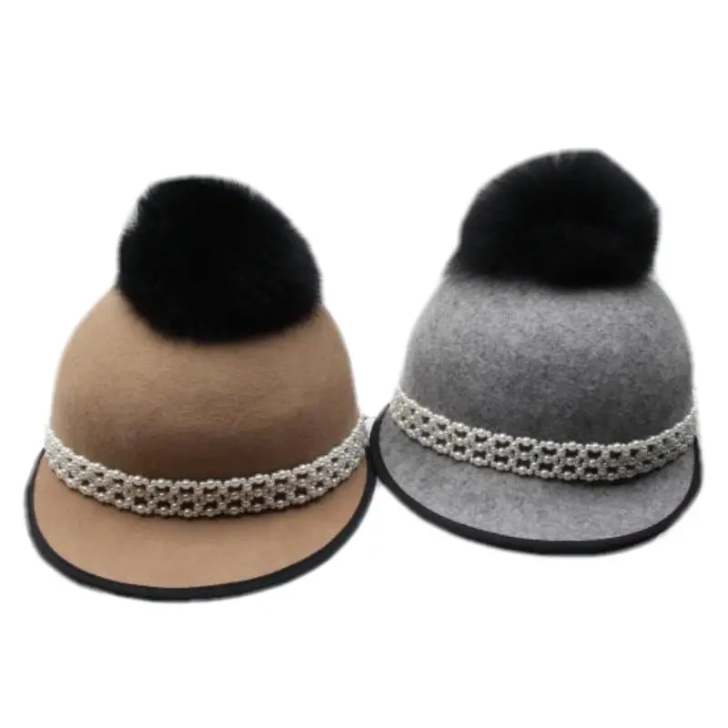 Chapeau de baseball gris camel pour femme et fille, béret en laine et feutre, avec pompon et perles, nouvelle collection 2022