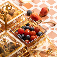Plateau de service à collations en verre avec couvercles et support doré, 2, 3, 4 ou 6 compartiments, bols amovibles martelés, poignée en cristal, plat à fruits secs et noix