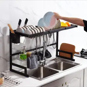 Étagère de cuisine noire égouttoir à vaisselle multifonctionnel en acier inoxydable
