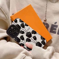 Coque de téléphone portable en cuir TPU souple avec impression de fleurs noires roses pour iPhone X Xr Xs 11 12 13 14 15 16 17 18 Pro Max