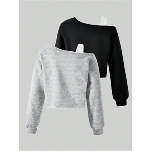 FOXA Women's <b>Off</b> <b>Shoulder</b> Crop <b>Sweatshirt</b> Long Sleeve Asymmetric Pullover Knitted Cotton Blend Breathable Top - Product Image 2