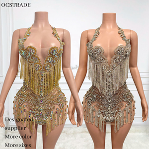 Ocstrade Custom <strong>Gold</strong> Rhinestone Tassels Club <strong>Dress</strong> Halter Neck Diamond Birthday <strong>Party</strong> Prom Sexy <strong>Dress</strong> for Women <strong>Party</strong> Club Night - Product Image 1