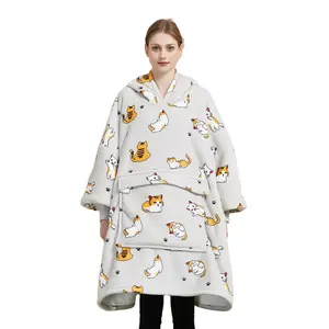 Super Soft Sherpa Flannel Hoody กระเป๋าขนาดใหญ่สวมใส่ Plus ขนาดพิมพ์ผู้หญิงชุดนอนผ้าห่ม