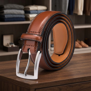 Ceinture vintage en cuir véritable de vache brun naturel, fabriquée à la main, écologique, imperméable, robuste, avec boucle carrée en acier massif de 3,8 cm - Product Image 1