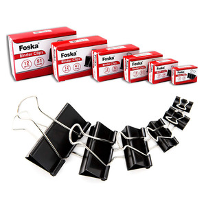 Foska Pinces à papier noires à queue longue en métal, tailles 15mm, 19mm, 25mm, 32mm, 41mm, 51mm, 12 pièces/boîte, durables pour l'organisation de bureau - Product Image 1