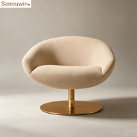 Fauteuil pivotant moderne en tissu avec structure en chêne pour intérieur, canapé individuel rotatif avec base ronde en métal pour hôtel et appartement