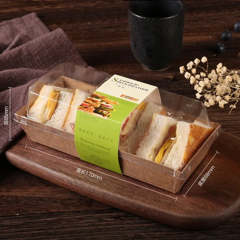 Toptan dikdörtgen şeffaf kek kutusu Kraft kağıt ekmek İsviçre rulo kurabiye suşi yemeği ambalajı pasta Eclair kutusu