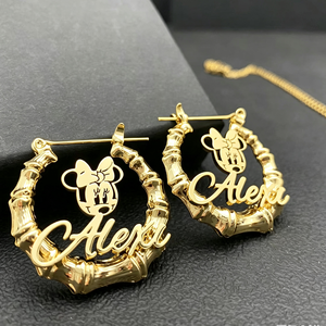 Ensemble de bijoux personnalisés <span class=keywords><strong>Minnie</strong></span> Mouse, collier avec plaque nominative en acier inoxydable et boucles <span class=keywords><strong>d</strong></span>'oreilles en bambou, cadeau de bijoux adorable pour les enfants - Product Image 5