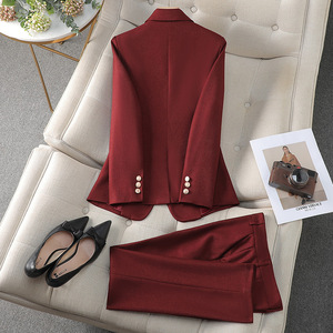Women's Red Suit Set Satin Full Sleeve Spring Office Lady Anti-Wrinkle Professional Attire - Product Image 2