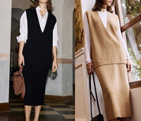 NARI Custom Logo Solid Sleeveless Cashmere Knitwear Sweater Pull and Skirt Sets Women's Twin Sets Cashmere Winter Clothes