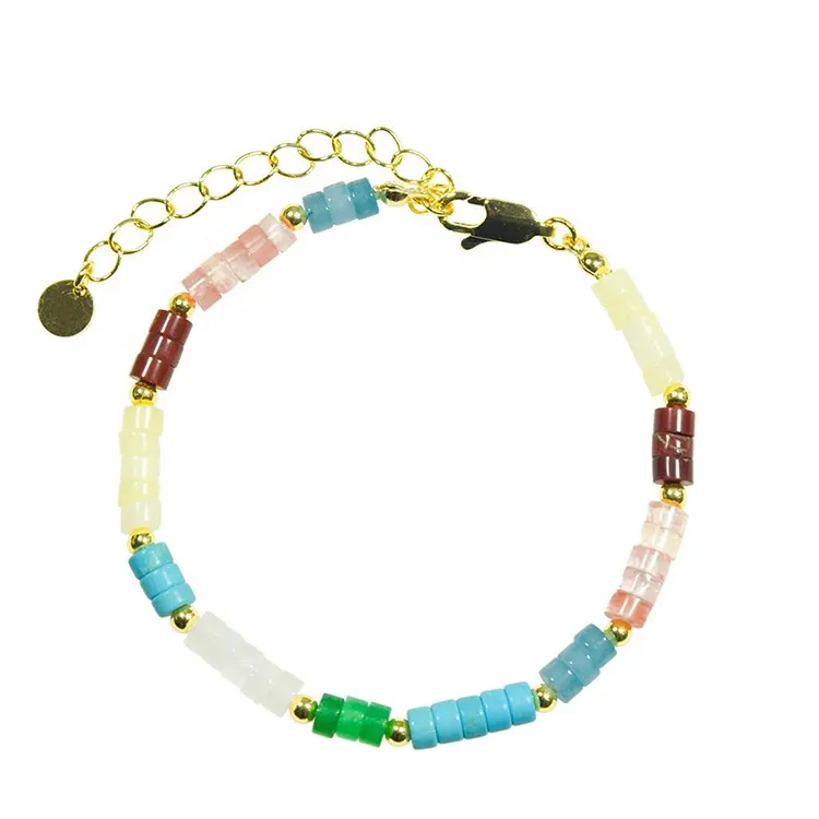 Bohemian Colorful 18k Gold-plated Brass Gemstone Jade Charm Beaded Natural Stone Bracelet