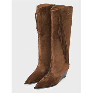 Stivali di Tendenza Personalizzati Retrò con <span class=keywords><strong>Zeppa</strong></span> da Donna, Nappe, Scamosciati, Punta Affusolata, Alti al Ginocchio - Product Image 1