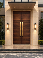 Porte d'entrée double à grain de bois avec poignée dorée, style moderne, pour villa, appartement, maison, hôtel