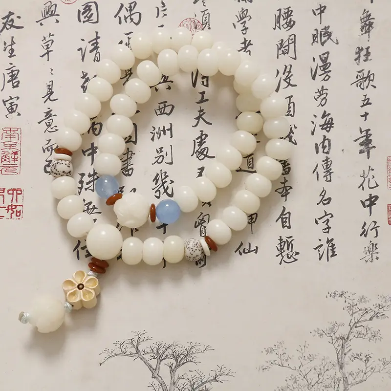 Vintage Chinese Stijl Handgemaakte Witte Jade Bodhi Root Lotus Natuursteen Kralen Armbanden Voor Vrouwen Sieraden