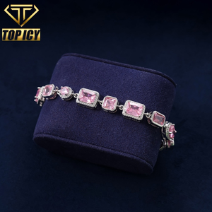 Bracciale Hip Hop con Zirconi Rosa <span class=keywords><strong>da</strong></span> 10mm, Placcato Oro/Argento, Catena Iced Link in Ottone, Estensore Regolabile, Gioielli Lucidi all'Ingrosso - Product Image 1