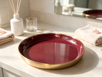 Plateau rond en fer avec bord doré, finition rouge thermolaquée, plateau de décoration pour la maison, organiseur de cosmétiques et de collations