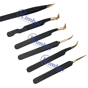 Ensemble de vente en gros de KI-25-3342 KIMBEL de poignée de diamant de pince à épiler d'extension de cils d'acier inoxydable avec la fibre noire et d'or de bout lisse - Product Image 1