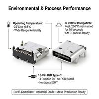 USB 타입-C 16핀 암 커넥터 중간 장착형 수평 SMD 보드 엣지 마운트 12 신호 + 4 핀 PCB 어셈블리 스테인리스 스틸