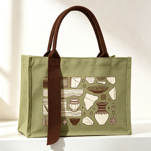 Bolsa de Mano Personalizada de Lona con Estampado de Fragmentos de Cerámica Vintage, Asa de Cinta Marrón, Bolsas Tote Cuadradas Verdes - Product Image 1