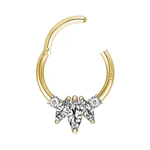 Eternal Metal 14K Solid Gold Marquise Septum Daith Nose Clicker Hinged Segment Piercing Ring Body Piercing Jewelry