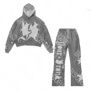 100% katun grosir Logo kustom pelari Sweatsuit Distressed ukuran besar Applique bordir Pullover Hoodie set untuk pria