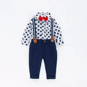 Custom Logo Baby Boy Romper Cotton Children Clothes Infant Baby Outfit Summer Wear Casual Blue Pinstripe Strap Pant And Bow Tie