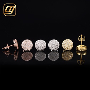 Pendientes de tuerca de plata de ley S925 con moissanita pavé, aretes redondos con incrustaciones de piedras, joyería hip hop al por mayor en stock. - Product Image 2