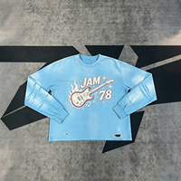 Kaos Lengan Panjang Biru Vintage Distressed Heavyweight Sun Faded Streetwear JAM 78 Grafis untuk Pria Unisex Grosir