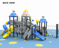 Équipement de jeu pour enfants sur le thème spatial : Grande combinaison de toboggans en plastique avec fusée, OVNI, tube, mur d'escalade, couloir aérien et barre de suspension