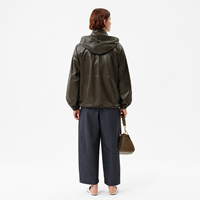 Veste coupe-vent vintage d'hiver pour femme, courte, à capuche, zippée, en cuir d'agneau véritable teint uni, style Gorpcore décontracté, vert rétro