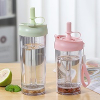 Tasse de paille en plastique transparente double couche décontractée grande capacité bouteille d'eau de sport portable en plein air pour les voyages d'étudiants
