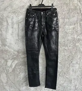 Custom flare jeans men washed waxed jeans cargo pants with printed vintage wax jean waterproof coated denim