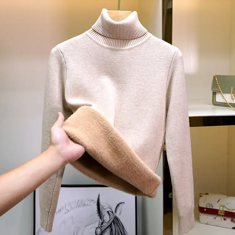 Women Clothing Winter Pullover Sweater Warm Jumper Korean Style High Neck Turtleneck Solid Color Fleece Sweater