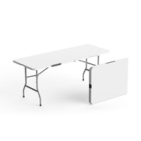 Table pliante en plastique moulé par soufflage LuckyOCT, 6 pieds (180 cm), blanche, en HDPE, pliable en deux, pour fêtes et événements