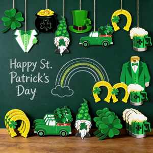 เครื่องประดับแขวนไม้ลายโคลเวอร์ 15 ชิ้น พร้อมลายตาราง จุด และคำมงคลนำโชค ด้วยเชือกปอกระเจาสำหรับตกแต่งผนังงานปาร์ตี้ - Product Image 3