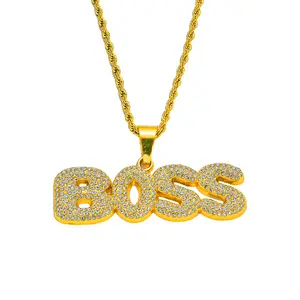 Hiphop Men Full Crystal Letter Boss Pendant Necklace com aço inoxidável Twisted Chain Rock Street Show Jóias
