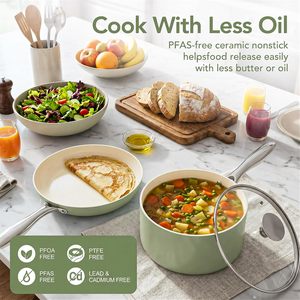 Modern Cooking Pots& <b>Pans</b> Glass <b>Lids</b> Stainless Steel Handles 8 Piece Utensils Included Green Ceramic Non-Stick Cookware Set - Product Image 4