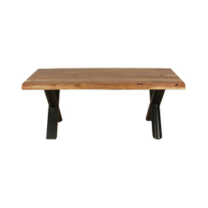 Table basse rustique moderne en bois massif avec bord naturel et base en fer noir, robuste et durable - Product Image 1