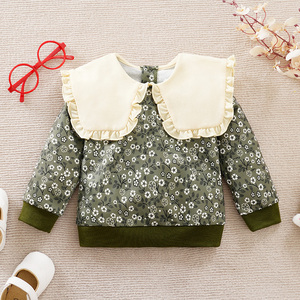Felpa con stampa floreale per ragazze con colletto <span class=keywords><strong>Peter</strong></span> Pan arricciato, verde, top casual a maniche lunghe per bambini - Product Image 1