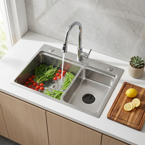 Leimanxi อ่างล้างจานเดี่ยวขนาดใหญ่ที่ปรับแต่งได้ทันสมัย SUS304สแตนเลสสตีลสีธรรมชาติ5รูโมเดล6045ยืดเชื่อมด้วยมือ - Product Image 1