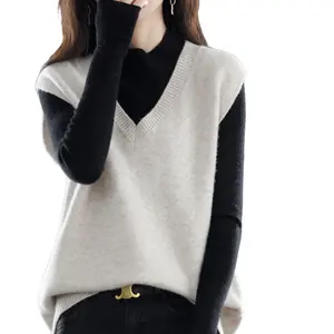 Custom Women Cotton Sleeveless Sweaters Anti-pilling Solid Color Pullover Knitwear V Neck Vest Knit Sweater