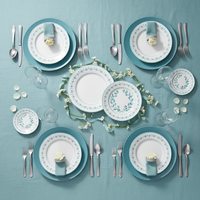 Service de vaisselle en céramique à motif floral turquoise, vaisselle de cuisine, assiettes décoratives, bol, tasse, soucoupe, compatible micro-ondes et lave-vaisselle