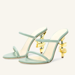 <b>Large</b> Size 45 Women's Irregular Gold Metal High Heels Mules Open Toe on Sandals Summer Double Straps Pumps Shoes - Product Image 3