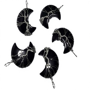 Agate noire naturelle Croissant de lune pendentif en pierre de cristal demi-lune arbre de vie fil enroulé pour les fêtes et la guérison - Product Image 1